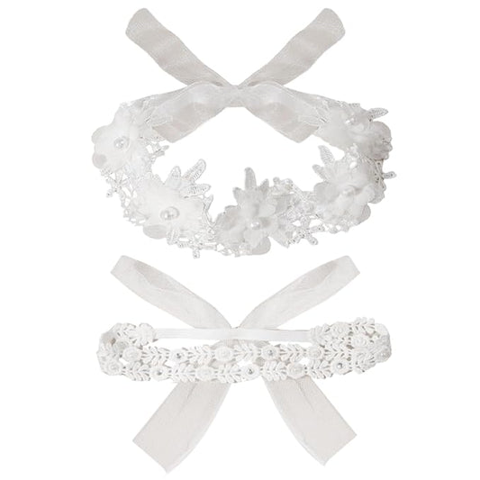 2 Pack 18-20in Elegant White Flower Christening Headbands for Baby Girl, Elastic Soft Lace with Cute Tulle Pearl Hair Strap (Double row of small lace)