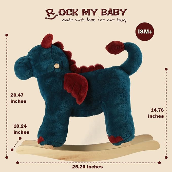 Rocking Horse Dragon, Baby Animal Rocker, Plush Rocking Horse with Sweet Music, Ride on Horse,Wooden Rocking Horse for Toddlers 18+ Months, (Blue Dragon), CPC Certified