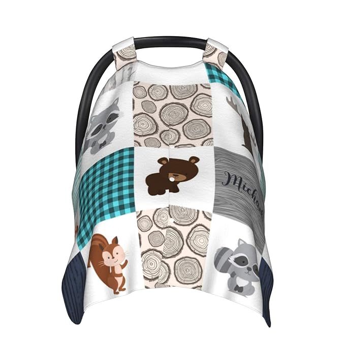 Personalized Little Animals Theme Baby Car Seat Canopy for Baby with Name, Custom Light Weight Minky Covers for Baby Boy Girl, Nursing Breastfeeding Stroller Cover Canopies for Newborn