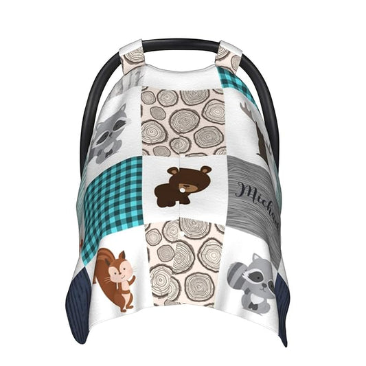 Personalized Little Animals Theme Baby Car Seat Canopy for Baby with Name, Custom Light Weight Minky Covers for Baby Boy Girl, Nursing Breastfeeding Stroller Cover Canopies for Newborn