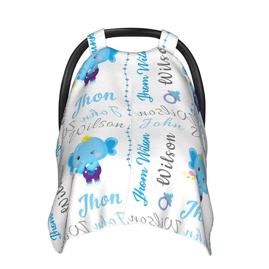 Personalized Cute Elephants Baby Car Seats Canopy for Babies with Name, Custom Monogram Car Seat Cover for Boys Girls, Opening Minky Nursing Breastfeeding Cover Infant Carseat Canopies for Newborn