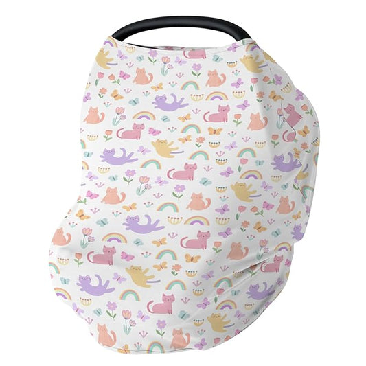 Colorful Cats Rainbow Flowers Baby Car Seat Covers Rainbow Cats Butterflies Stretchy 5-in-1 Cover Adjustable Infant Carseat Canopy Cover Cats Lover Gift Breathable Nursing Cover-Up