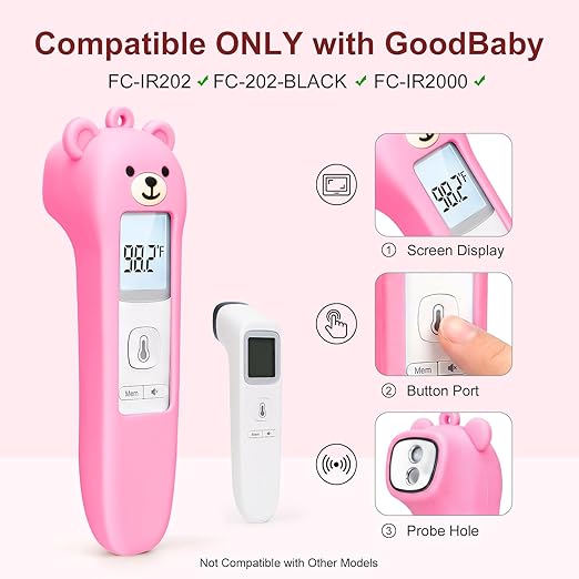 Bear Silicone Case Compatible with GoodBaby Thermometer for Adults and Kids, Cute Cartoon Thermometer Protective Case, Help Restless Baby Temperature, for Travel, Home and Outdoor (Pink)