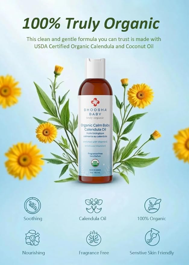Shoosha Organic Calendula Oil Fragrance Free, for Babies, Real Calendula Oil, Calendula Massage Oil Moisturizer, Hypoallergenic, Gluten-Free, 100% Biodegradable