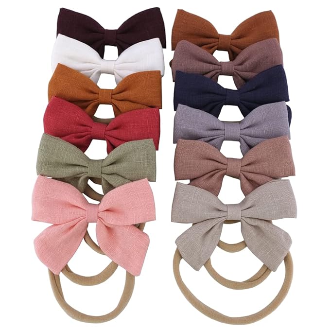 Sugarmelon Linen Bow Nylon Headband for Baby Newborn Infant Toddler Hair Bow Elastic Bands for Baby Girls Little Kids Headbands (Linen Sailor bow 3.2'')