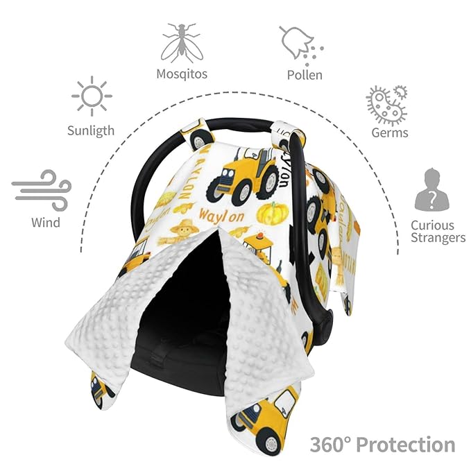 Personalized Tractor Baby Car Seat Cover for Boys, Custom Strollers Carseat Canopy with Name, Nursing Covers for Breastfeeding, Tractor Car Seat Canopies for Newborn Infant, New Mom Gifts