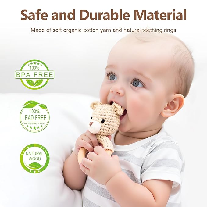 Wooden Baby Rattle, Handmade Crochet Stuffed Animal Organic Rattle Toys, Beige Bear Rattles for Babies 0-6 Months with Wood Teething Rings, Baby Announcements Ideas
