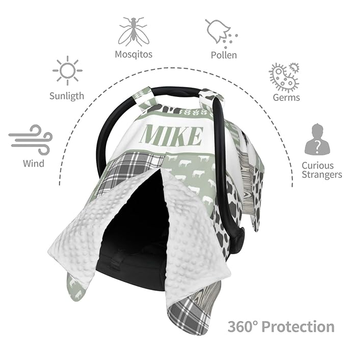 Personalized Baby Car Seat Canopy for Babies, Custom Name Car Seat Covers for Boys and Girls, Opening Minky Nursing Breastfeeding Cover for Infant, Carseat Canopies for Newborn (Farm Theme)