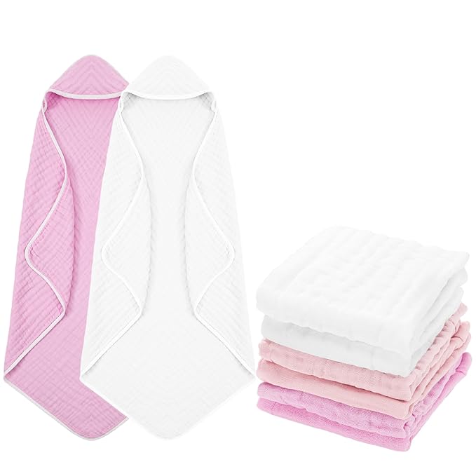 Peryiter 8 Pack Baby Bath Towels and Wash Cloth Set Muslin Hooded Soft 100% Cotton Baby Hooded Bath Towel Absorbent Towels Cloths for Babies, Infant, Toddler and Kids Newborn(Pink Series)