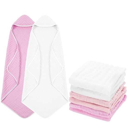 Peryiter 8 Pack Baby Bath Towels and Wash Cloth Set Muslin Hooded Soft 100% Cotton Baby Hooded Bath Towel Absorbent Towels Cloths for Babies, Infant, Toddler and Kids Newborn(Pink Series)