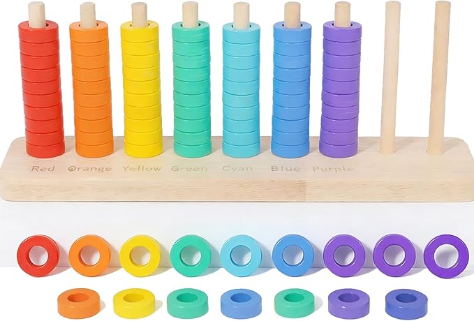Wooden Color Sorting Stacking Toys, Montessori Toys Rainbow Rings Game, Wooden Sorting & Stacking Toys for Toddlers, Color Recognition Sensory Toy Educational for Ages 3 and Up Boys Girls Gift