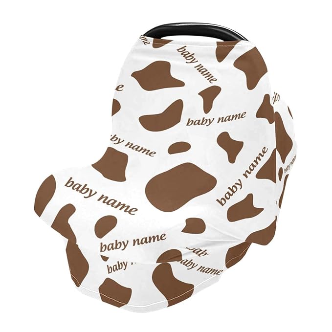 Personalized Baby Car Seat Cover for Babies, Custom Name Baby Car Seats Canopy for Boys Girls, Cow Stripes Brown Nursing Breastfeeding Stroller Covers for Infant Newborn, Shower Gift for Baby