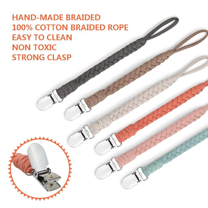 Pacifier Clip for Boys and Girls, Handmade Braided Cotton Baby Pacifier Holder Leash Smoother Clip Fits All Pacifiers Modern Unisex Baby Shower Set 6 Pack