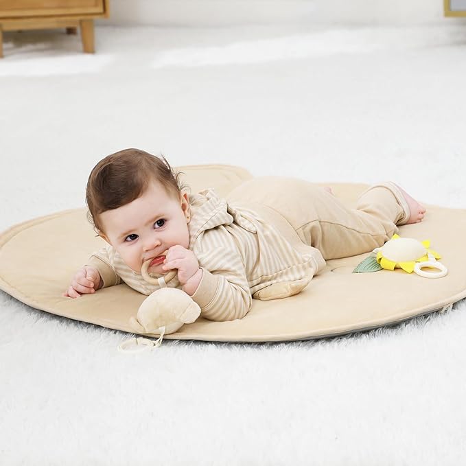 4-in-1 Wooden Baby Play Gym & Activity Mat, Soft Cotton Tummy Time Mat for Babies 0+,with 3 Detachable Toys for Sensory & Motor Skill Development,Newborn Infant Baby Essentials Gift,Bear