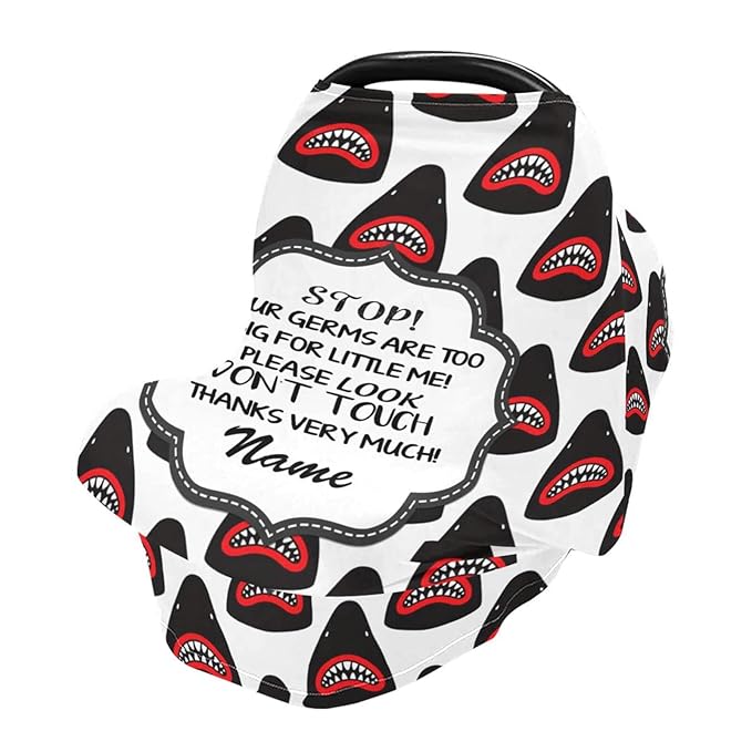 Personalized Cartoon Shark Baby Car Seat Cover for Boy, Customized No Touch Multiuse Carseat Covers, Stroller Canopy Nursing Covers Breastfeeding Scarf, Shower Gift for Newborn Infant Babies