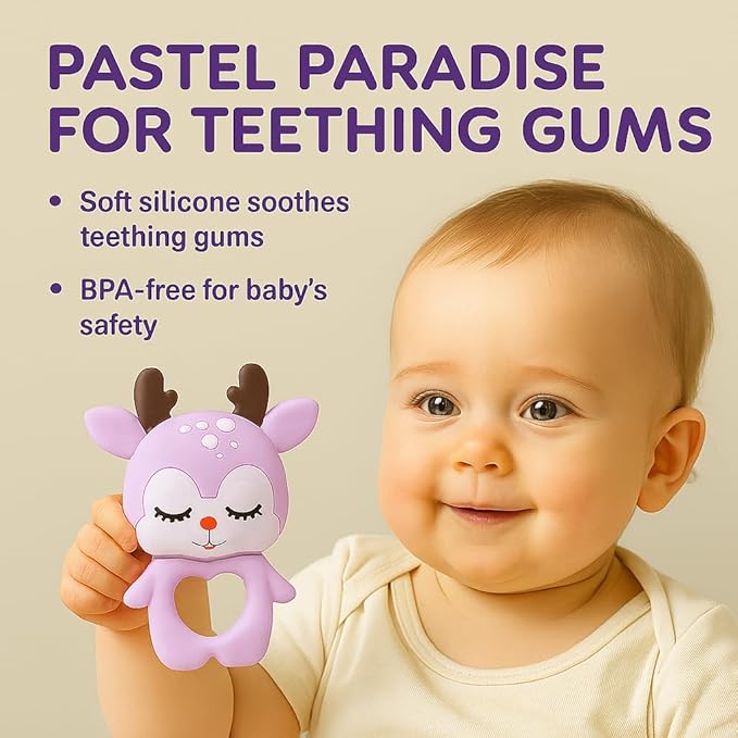 Silicone Baby Teether 2-Pack (Elephant & Deer) – BPA-Free, Soft, Safe, and Easy to Hold for Infants