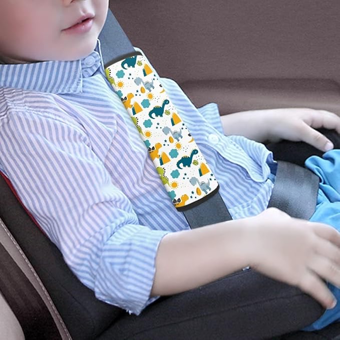ENLACHIC Kids Car Seat Belt Cover, Cute Cartoon Animal Print Baby Car Seat Strap Pads Infant Car Seat Protector Car Accessories Universal All Cars,Cartoon Dinosaur