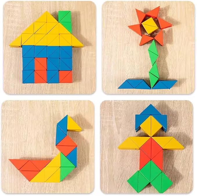 Montessori Wooden Stacking Toy for Kids - Toddler & Preschool STEM Learning Creative Brain Teaser Educational Logic Game - Puzzle Colorful Triangle Blocks