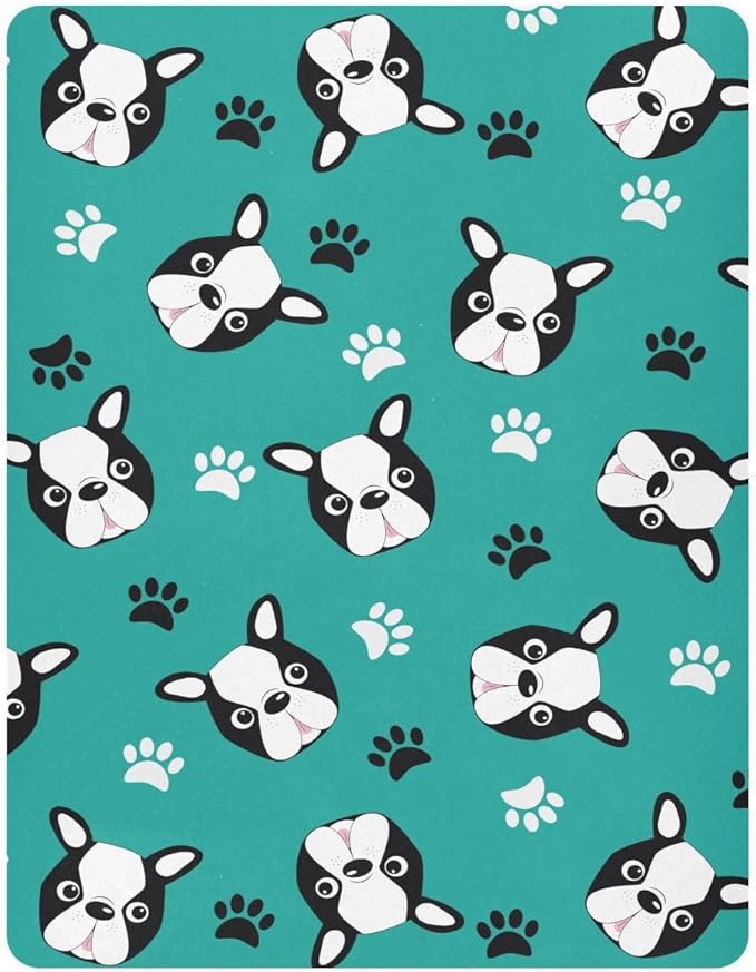 Boston Terrier Puppy Head Fitted Crib Sheets Stretchy Portable Playard Sheets for Baby Toddler, Breathable Soft Mini Crib Mattress 52 x 28 in for Boys and Girls