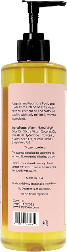 Claya Liquid Castile Soap – Organic Ingredients, Biodegradable, Gentle for Sensitive Skin and Versatile Use (16 fl oz (Pump Cap), Pink Grapefruit)
