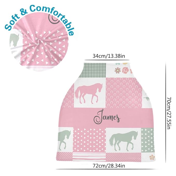Personalized Horse Car Seat Covers for Girls, Customized Baby Carseat Cover with Name, Multiuse Nursing Cover Breastfeeding Scarf, Stroller Canopy for Newborn Infant