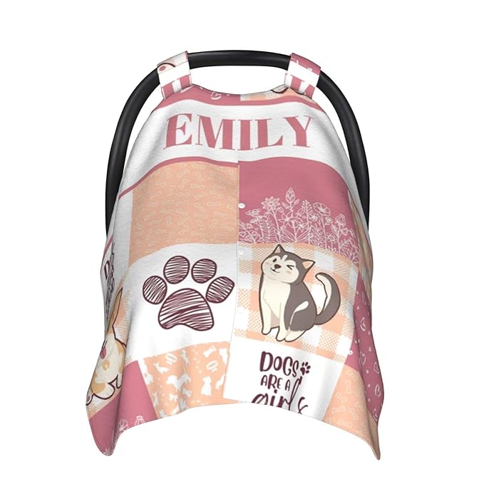Personalized Baby Car Seat Canopy for Girls, Custom Name Baby Car Seats Covers for Babies, Opening Minky Nursing Breastfeeding Stroller Cover Infant Carseat Canopies for Newborn (Cute Puppy Pink)