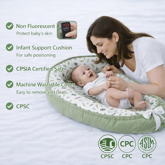 Aila+Aiden Baby Lounger | Organic Cotton Infant Lounger | Reversible, Adjustable & Portable Floor Lounger |Supervised Use | Soft, Breathable, Washable Cover - Star Collection (Sage Leaf)