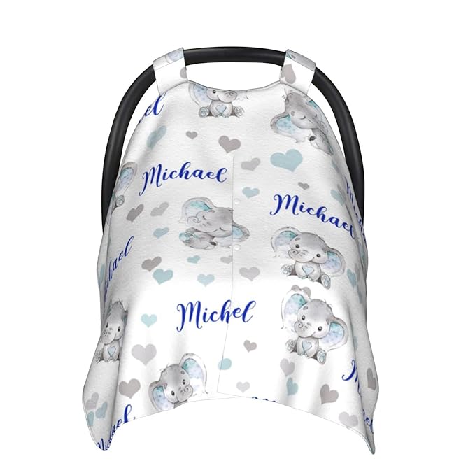 Personalized Baby Car Seat Canopy, Custom Name Elephant Infant Car Seat Cover, Nursing Breastfeeding Stroller Cover, Newborn Gift for Boys