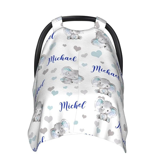Personalized Baby Car Seat Canopy, Custom Name Elephant Infant Car Seat Cover, Nursing Breastfeeding Stroller Cover, Newborn Gift for Boys