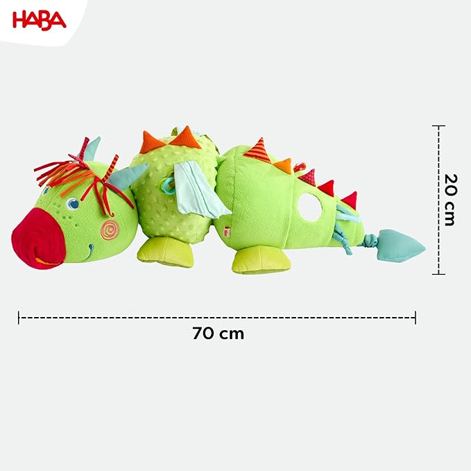 HABA Rudy 2012334001 Soft Toy Dragon with Acoustic and Tactical Elements, Rattle, Squeaker and Mirror, Soft Toy for Children from 6 Months