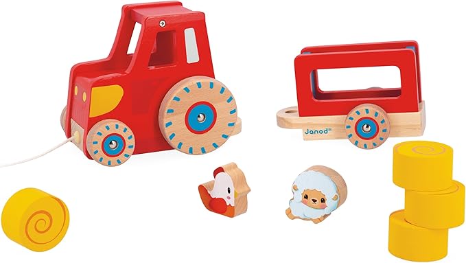 Janod Wooden Pull-Along Tractor Toy with Removable Trailer, Hen, Sheep & 4 Hay Bales – Quiet-Wheel Farm Playset & Walking Aid – Ages 12 Months+ - J03317