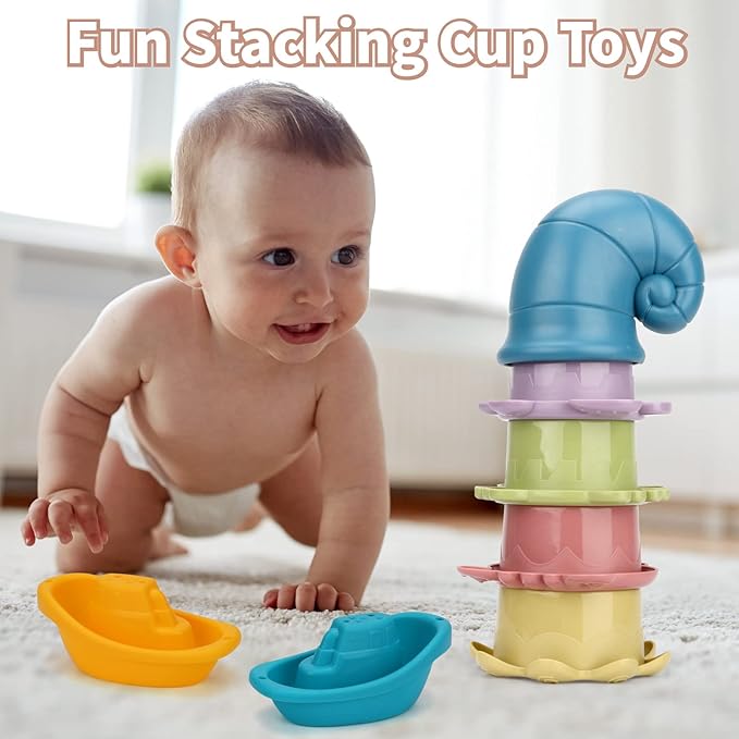 LZZAPJ Bath Toys for Toddlers Age 2-4, Bathtub Water Toys for Kids Age 1-3, Toddler Bath Toy Contains 4 Stackable Cups and 2 Boats and 1 Conch Spoon, Gift for Infants Boys Girls 6-12 Months