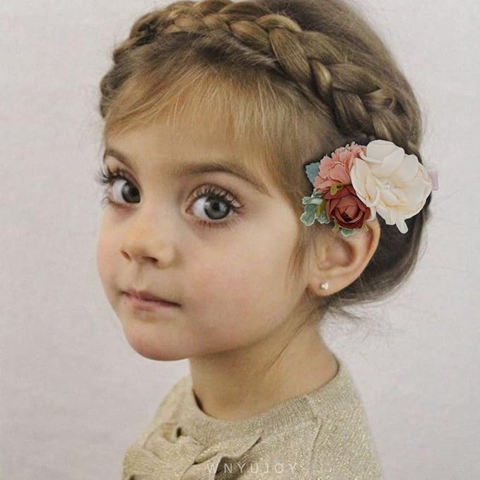 3pcs Girls Flower Hair Clips, Floral Hair Barrettes w/Boutique Fully Lined Alligator, Hair Bows for Baby Newborn Toddler