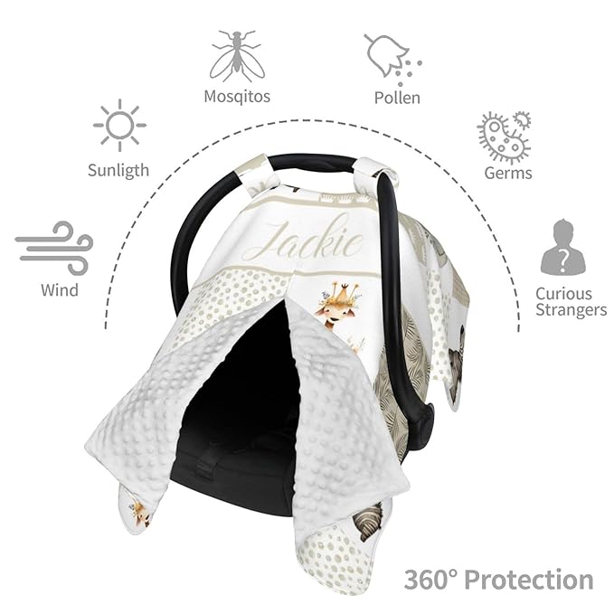 Personalized Baby Car Seat Canopy for Babies with Name, Custom Car Seat Covers for Boys Girls, Crown Animals Nursing Breastfeeding Stroller Cover Infant Carseat Canopies for Newborn