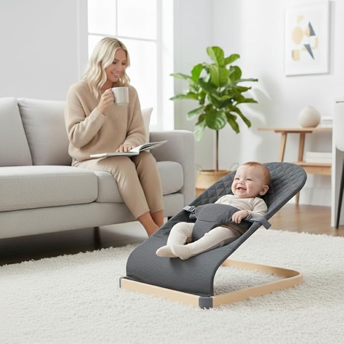 Baby Bouncer, Portable Infant Bouncer Seat with Soft Breathable Fabric, Contoured Supportive Rocker for 0-9 Months, Foldable Baby Swing Chair with 3-Point Harness for Indoor Outdoor, Grey