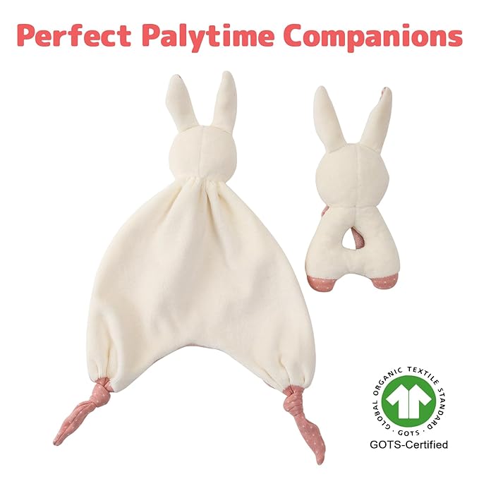 Organic Cotton Stuffed Animal Rattle Baby Toys, Plush Bunny Cuddle Cloth and Hand Grip Ring Rattles Plush Toy Set for Newborns Infant Boys Girls, 2 PCS