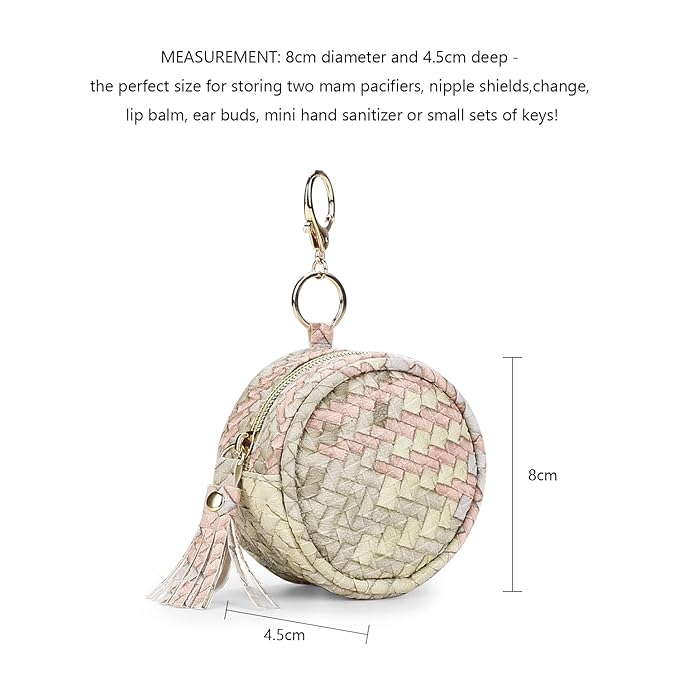 MOMIGO Pacifier Case Bag - Leather Pacifier Holder with Clip for Diaper Bag Stroller Purse Charm, Holds 2 Pacifiers Outdoor Travel (Weave)