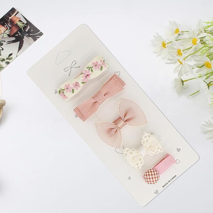 Baby Hair Clips Set – Soft Pink & White Bow Hair Clips for Toddlers, All Fabric Wrapped No-Slip Duckbill Clips (5-Pack Gentle Girl Hair Accessories)