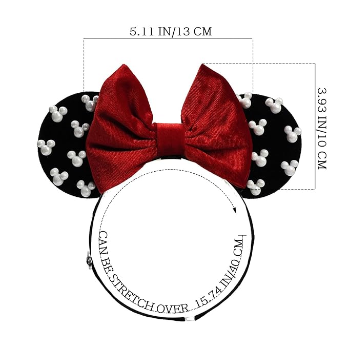 JIAHANG Baby Girls Adjustable Mouse Ear Hair Bow Headband with Beadings, Fashion Velvet Hair Bow Hairband for Infant Toddler School Girls