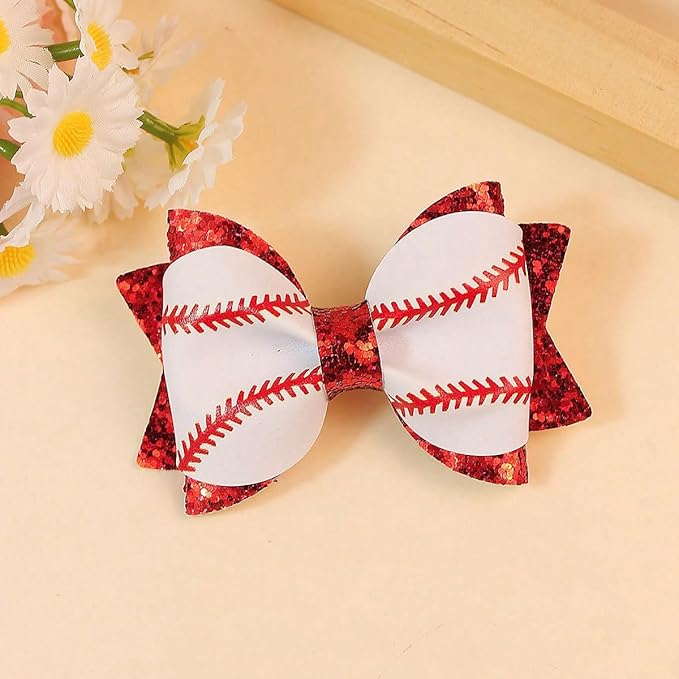 4PCS Baby Girl Hair Bow Clips Baseball and Softball Glitter Hair Bow Clips for Girls, Faux Leather Double Layer Sequin, Cheerleading Hair Accessories for Little GirlsToddler Kids Teens