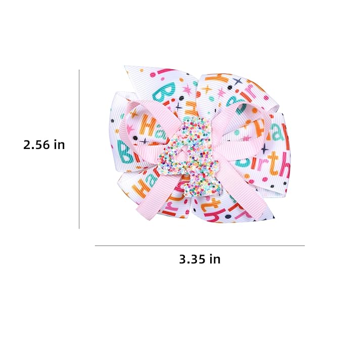 3.5in Glitter Happy Birthday Gift Hair Bows Alligator Clips for Girls 1-6 Years Pink Sprinkle Confetti Ice Cream Party Dress Pigtail Decoration Accessories for Kids 4th Birthday