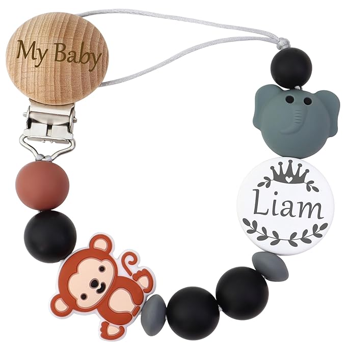 Personalized Pacifier Clip with Name, Custom Animal Pacifier Clips for Boy Girl, Personalized Custom Baby Gifts for Newborn (Elephant-Grey)