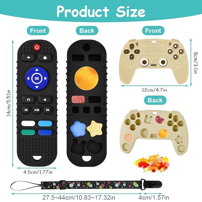 2PCS Silicone Baby Teething Toys, Remote Control Shape Teething Toys and Game Controller Teether Toy with 2PCS Pacifier Clip, BPA Free Silicone Remote Teether for Baby 3+ Months,Frozen(Black&Beige)