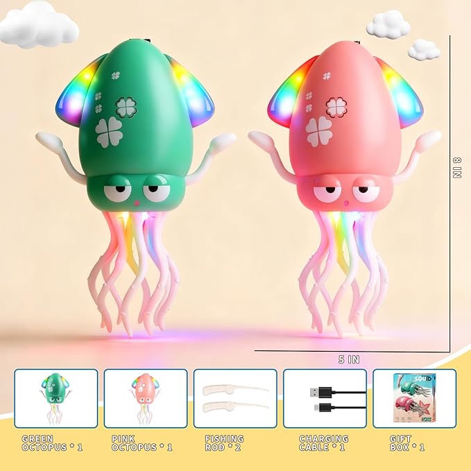 Dancing Octopus Baby Toy, 2Pcs Tummy Time Toys, Rechargeable Crawling Squid with Light/Music/Silent Mode for 3-6 6-12 12-18 36 Months Learning Walking Toddler 1st Birthday Gifts Easter Basket Stuffers