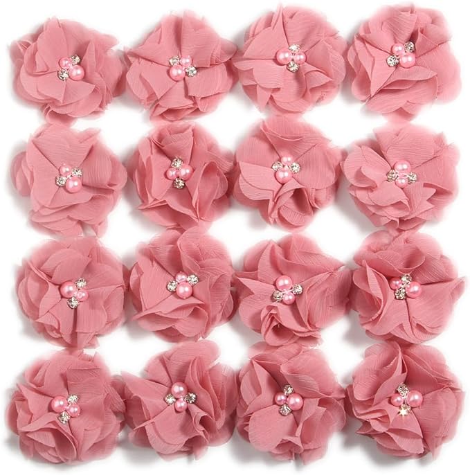 50 Pcs 2" Mini Chiffon Flowers with Rhinestones for Baby Girls Hair Accessories Artificial Fabric Flowers for Headbands Craft Projects (Dusty Pink)