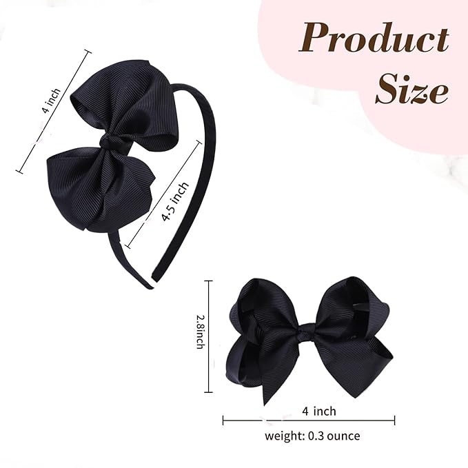 Bow Headband & 2 Pcs 4 Inch Hair Bows Set, Black School Hair Accessories for Little Toddler School Girls (Black)
