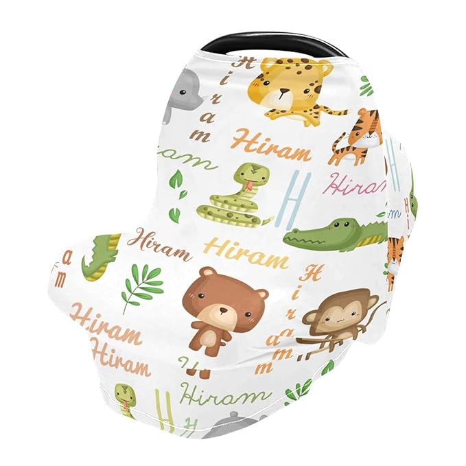 Personalized Cute Animal Baby Car Seat Cover for Boys Girls, Customized Baby Carseat Canopy with Name, Multi-Use Breathable Nursing Cover Breastfeeding Scarf