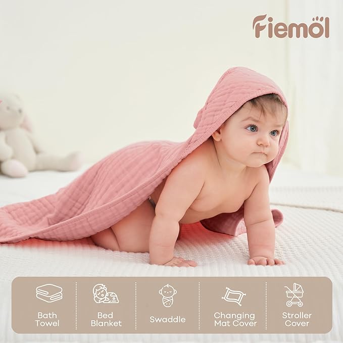 Baby Bath Towels, 100% Muslin Cotton Hooded Baby Towels Girl for Newborn, 2 Pack Pink Baby Towels with Hood for Infant Toddler and Kids, Large 32x32Inch, Soft and Absorbent