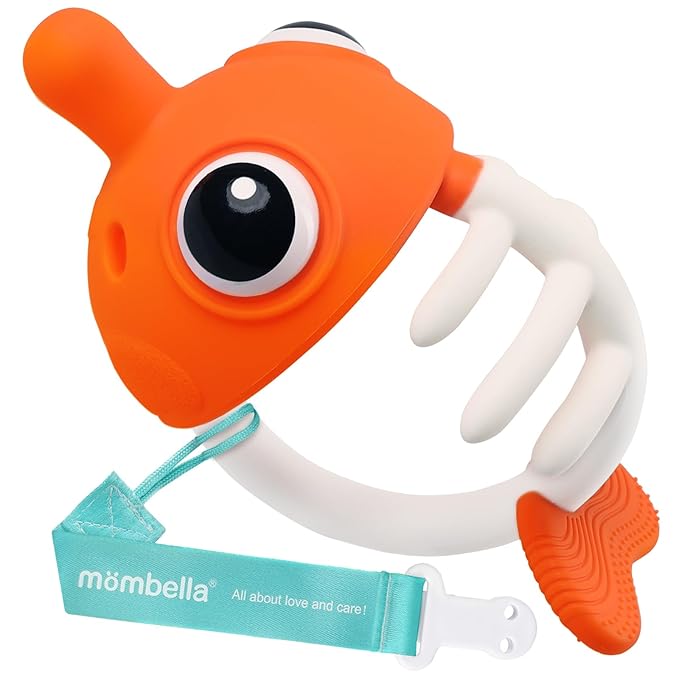 Teething Toys 3-6 Months, Mombella Clownfish Teethers for Babies 6-12 Months, Soft Silicone Baby Teether Toys with Anti Drop Clip, Baby Chew Toys 6 to 12 Months, Infant Teething Relief Toy, Orange
