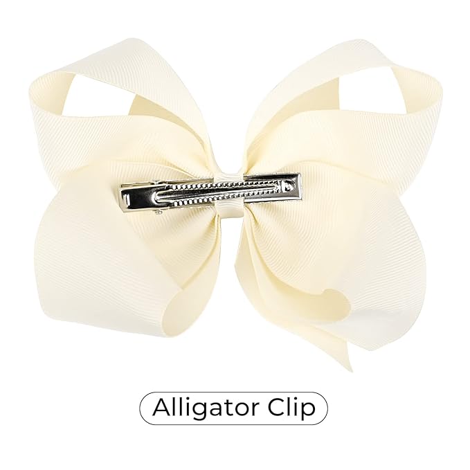 DEEKA 2 PCS 6" Big Hand-made Grosgrain Ribbon Solid Color Hair Bows Alligator Clips Hair Accessories for Little Teen Toddler Girls Kids Set of 2 -Ivory